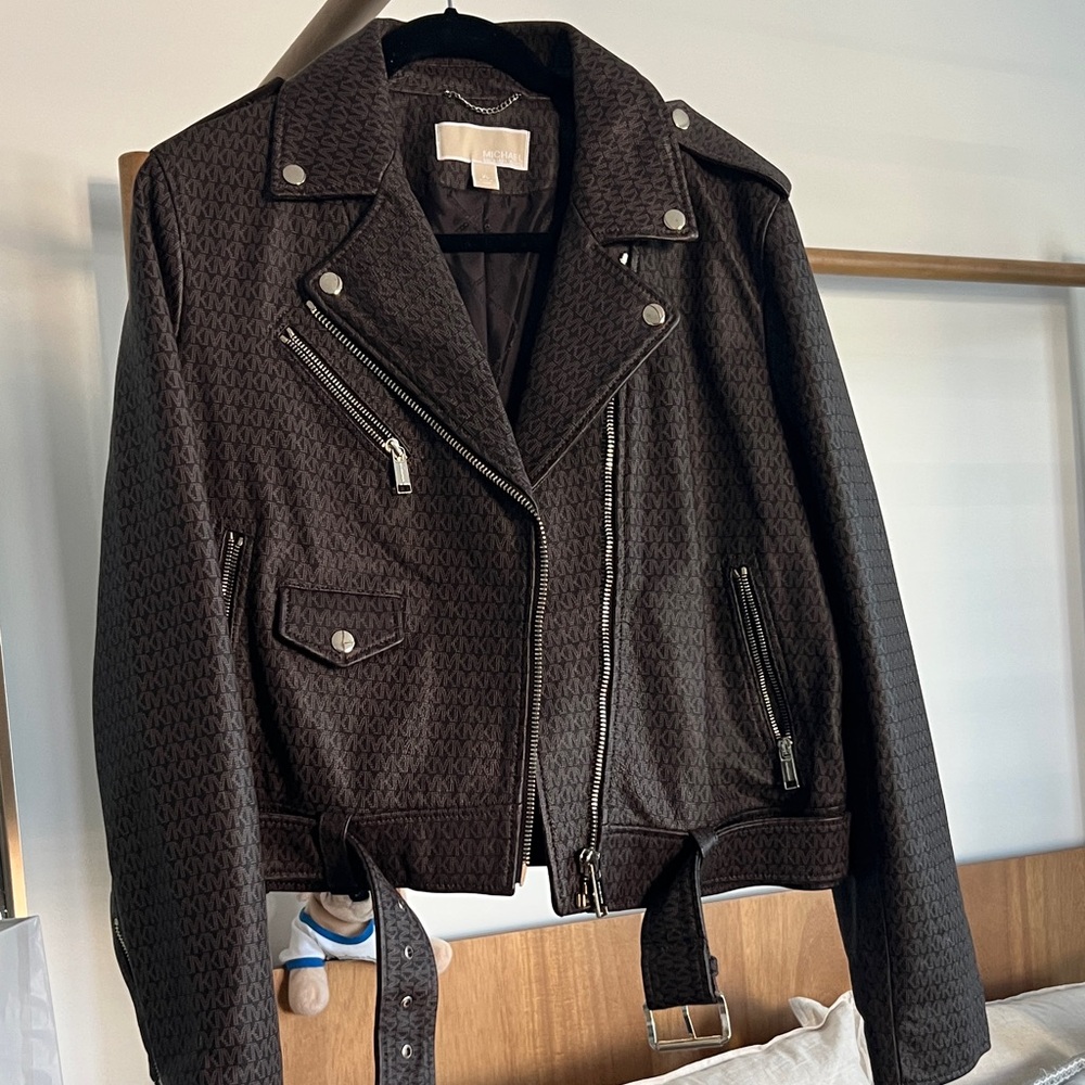 Michael Kors Dark Brown Logo-Print Moto Jacket